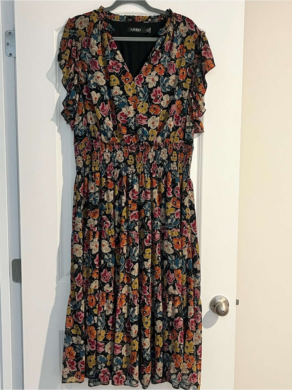 Lauren Ralph Lauren Floral Print Maxi Dress Stretch Smocked Waist Romantic Sz 16